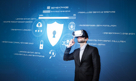 Caucasian project manager looking and planning identity verify or security system by using visual reality goggle. Professional businessman check or access private network privacy software.の写真素材