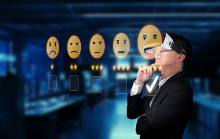 Explore the integration of virtual reality in assessing customer satisfaction through engaging surveys, capturing feedback for enhancing service quality and business reputation.の写真素材