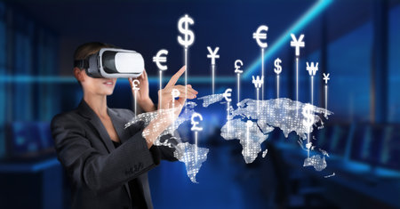 A professional woman engages with virtual reality technology to analyze currency trading, showcasing various currency symbols and a world map, highlighting global finance trends.の写真素材