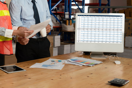 Accounting software on computer screen showing financial statement spreadsheets and account balance...