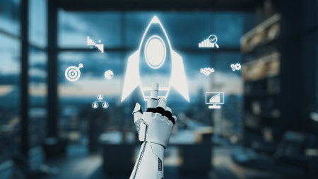 A robotic hand reaches out to interact with glowing rocket icons, symbolizing innovation and technology in a sleek modern office setting.の写真素材