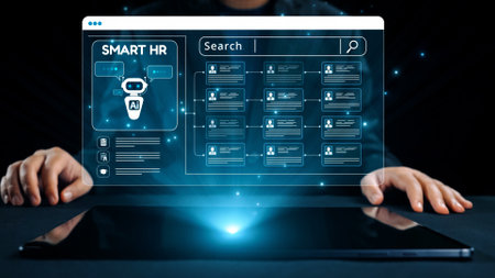 An innovative concept of AI-powered human resources technology featuring a virtual assistant and an interactive search interface for modern recruitment and management processes.の写真素材