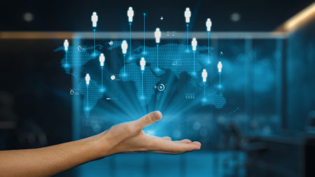 A futuristic hand reaching out towards a digital world map, showcasing interconnected silhouettes that symbolize global networking and innovative communication in a corporate setting.の写真素材