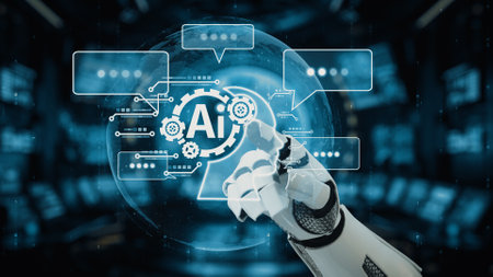 A robotic hand reaches out towards a digital interface displaying artificial intelligence symbols and communication elements, reflecting advanced technology and innovation.の写真素材