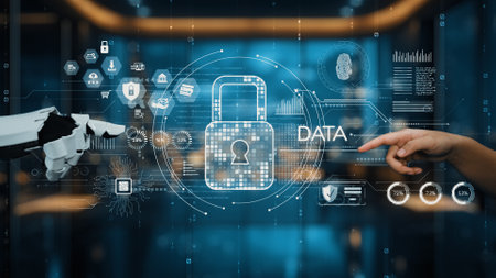 This image illustrates a futuristic concept of data security, featuring a robotic hand and human...