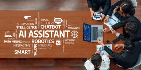 A dynamic office meeting showcasing a diverse team engaged in AI strategy discussions, focusing on data mining, robotics, and chatbot innovations for business growth.の写真素材