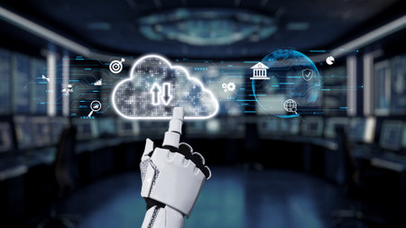 A robotic hand points towards a high-tech cloud interface featuring icons for data upload and...