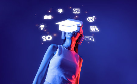 A young woman wears a virtual reality headset, immersed in online learning. Creative education...
