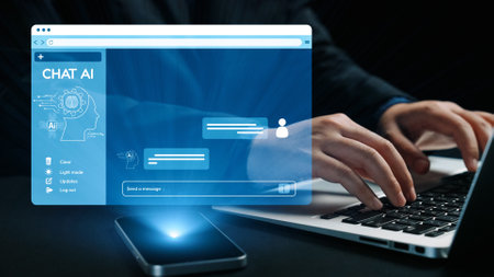 Engaging visual of a person interacting with chat AI technology. The image features a laptop and...