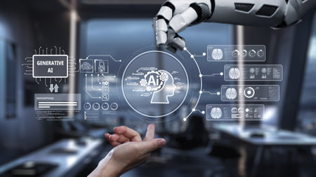 A robotic hand reaches out to interact with a human hand, symbolizing the connection between...
