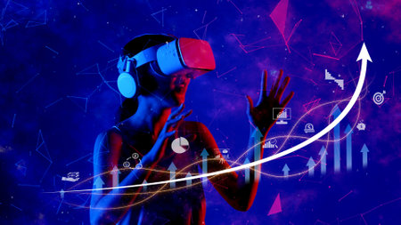 A captivating image showcasing a person engaged in virtual reality, surrounded by charts and graphs,...