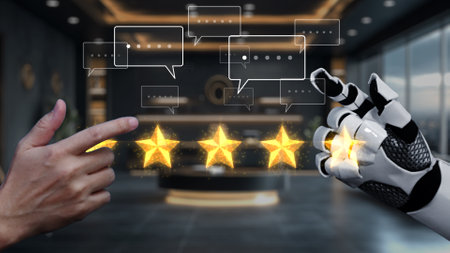 A human hand points towards five glowing stars while a robotic hand interacts with digital feedback...
