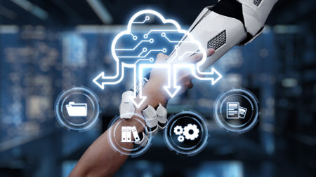 A close-up of a robotic arm interacting with cloud computing icons that represents data management...