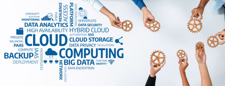 A diverse team collaborates on cloud computing and data analytics concepts, showcasing gears...