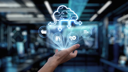 A hand reaching out toward a cloud symbolizing data transfer, showcasing icons representing storage,...
