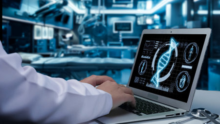 Close up of skilled medical worker typing laptop with DNA analyzing screen. Professional doctor...