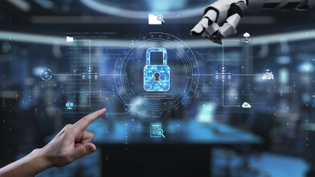 A captivating visualization of futuristic security technology featuring a robotic hand and a human...