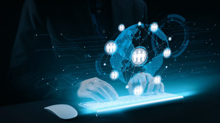 A modern technology scene showing hands typing on a glowing keyboard with a digital interface...