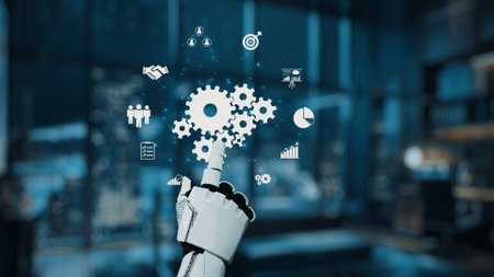 A robotic hand elegantly points at floating digital gears and business icons in a modern workspace. The image captures themes of technology, collaboration, and innovation.の写真素材