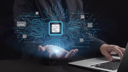 A professional showcases a futuristic technology interface with a digital circuit board emanating...