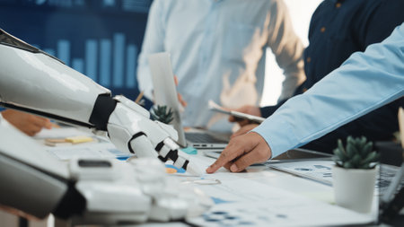 A modern workspace scene featuring collaborative interaction between a robot and human, showcasing...