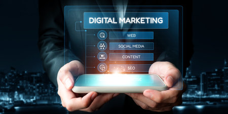 A professional showcasing digital marketing tools, highlighting strategies for social media, SEO, and content, aimed at enhancing online presence and advertising effectiveness.の写真素材