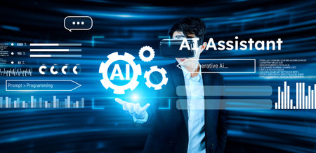 Smart businessman wearing suit and VR goggle while using AI assistance planning plan. Project...