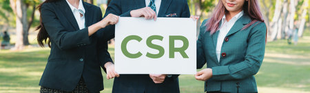 Group of business people stand, holding eco-friendly idea and concept for environmental awareness campaign on corporate social responsible to protect environment and nature with CSR principle. Gyreの写真素材