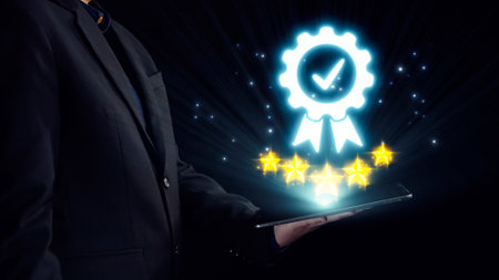 A businessman holds a tablet showcasing a glowing award badge and stars representing quality...