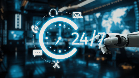 A robotic arm interacts with a futuristic digital clock interface, illustrating a 24-hour availability concept in a high-tech workspace. Perfect for technology themes.の写真素材