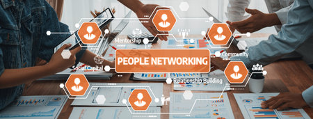 A vibrant scene showcasing people networking in a collaborative workspace, featuring digital devices...