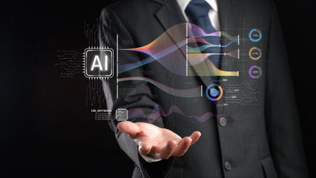 A professional man presents the integration of generative AI and big data in modern machine learning, showcasing advanced analytics and technology innovations.の写真素材