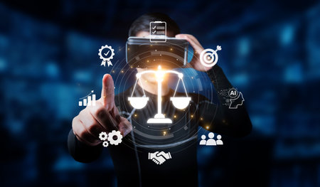 This image illustrates the intersection of artificial intelligence and legal frameworks, showcasing the importance of ethical governance and compliance in today digital landscape.の写真素材