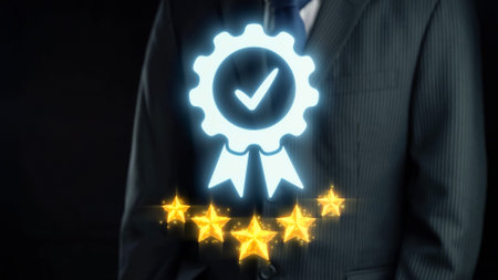 A confident businessman in a professional suit stands against a dark backdrop, featuring a glowing...
