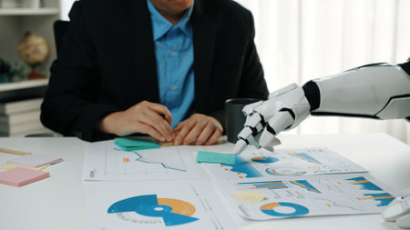 A unique blend of human intelligence and robotic assistance during a business meeting, focusing on...