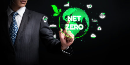 Digital globe with Net Zero surrounded by sustainability icons, representing the goal of reducing carbon emissions and achieving environmental balance EIDEの写真素材