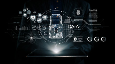 This image showcases a modern concept of cybersecurity, emphasizing data protection with a lock symbol and a digital interface surrounded by technology elements.の写真素材