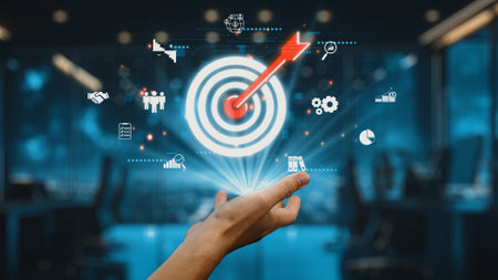 A hand reaches out toward a digital target symbolizing goal achievement, surrounded by various icons...