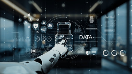 A robotic arm interacts with a high-tech data security interface in a modern office, showcasing...
