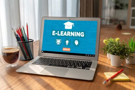 E-learning website with modish sofware for student to study online on the internet networkの写真素材