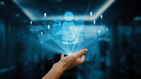 A hand gracefully holds digital avatar icons in a sleek office environment, representing futuristic...