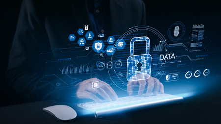 A skilled businessman focuses on cybersecurity with a high-tech interface designed for data...