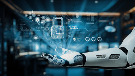A futuristic robotic hand presents digital symbols related to security and data protection, set...