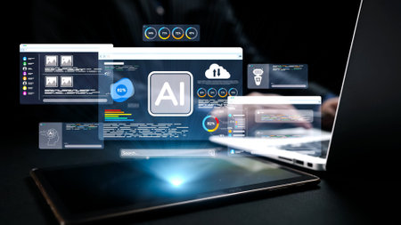 A modern workspace featuring a laptop and tablet with advanced artificial intelligence interface elements. Bright data visualizations highlight technology trends in a dark setting.の写真素材