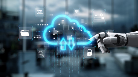 A robotic hand reaches towards a glowing cloud symbol, representing data upload and download, amid...