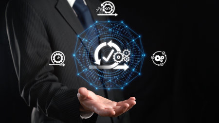 A business professional showcasing the agile methodology through a digital visualization,...