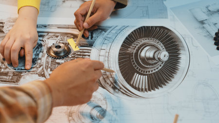 Close-up of hands actively collaborating on an engineering project, featuring a turbine model...
