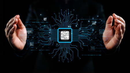 A captivating image illustrating hands protecting a microchip embedded in a network of digital...
