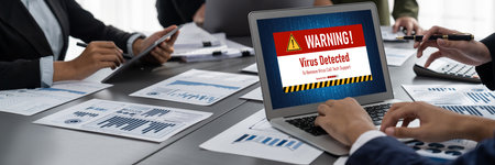 Virus warning alert on computer screen detected brisk cyber threat , hacker, computer virus and malwareのeditorial素材