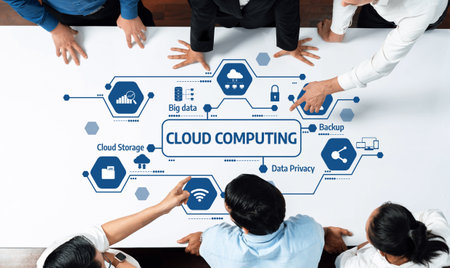 A diverse team collaborates on cloud computing concepts using icons that represent data privacy,...